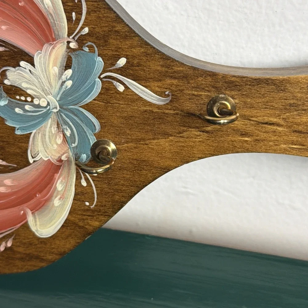 Handmade Vintage Norwegian Wooden Hand Painted Floral Key Hook Signed USA